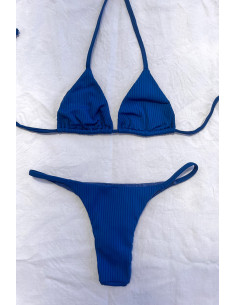 Biquini top cortininha + calcinha de fita canelado azul
