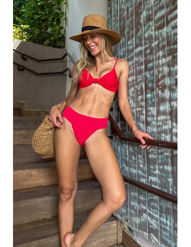 Biquini top nó + calcinha cintura alta vermelho...
