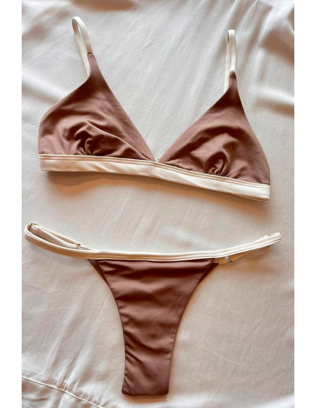 Biquini top triângulo fixo + calcinha com regulador marrom e branco