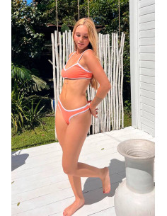 Biquini top regata + calcinha asa delta coral viés branco 2